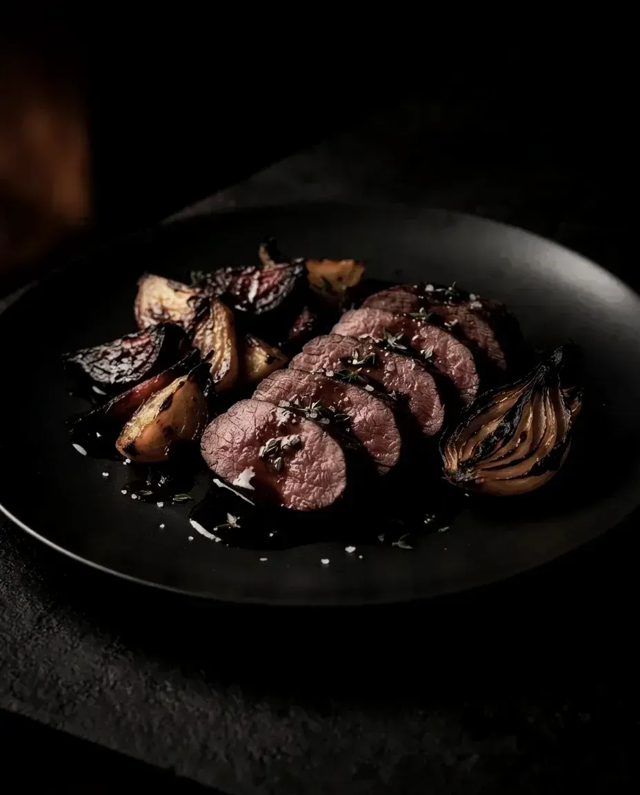Slices of rare venison with roast beetroot and charred onion in a dark bone reduction